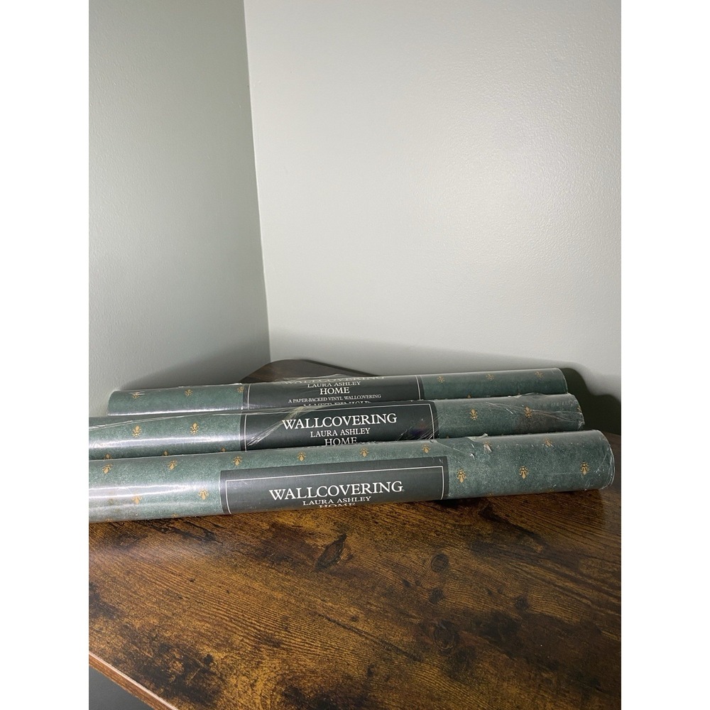 Vintage Laura Ashley Wallpaper Fleurdelis Forest Green 3 Rolls 90s SEALED